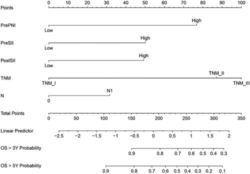 Figure 4. Nomogram for predicting 3-year and 5-year survival probability of ESCC patients after surgery. This nomogram is used by calculating the points for each independent factor. The total score is identified on the total point scale to determine the probability of OS.