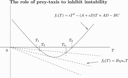 Figure 7. Plot of the left- and right-hand sides of EquationEquation (18) as a function of T with T=k 2. The solid curve is from the left-hand side of EquationEquation (18) and the dashed lines are from the right-hand side of EquationEquation (18). As χ increases, the number of intersection changes from zero to two. Note that B is negative.