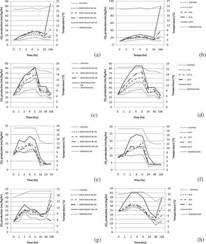 FIGURE 2 CO2 production of Murcott tangor (a, e, b), Valência orange (c, e, d), Tahiti limes (e, e, f) and Montenegrina tangerines (g, e, h) submitted to mechanical damage of impact (a, c, e, e, g) and compression (b, d, f, h) and evaluated along 7 days.