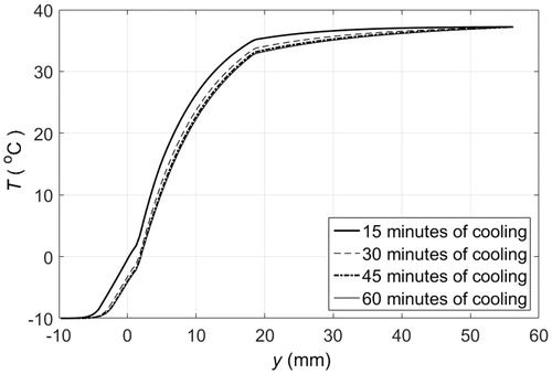 Figure 8. Temperature distribution of PCM pad and tissue layers when the skin surface is in contact with 1 cm thick solid pads of PCM 10, initially at −10 °C, that are replaced every 10 min. — after 15 min of cooling, – – after 30 min of cooling, – · – after 45 min of cooling, ··· after 60 min of cooling.