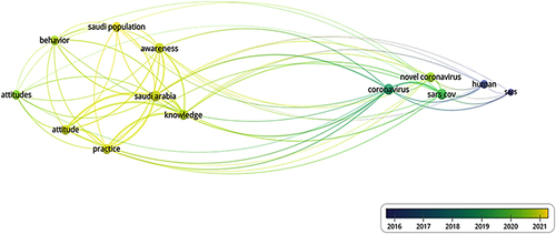 Figure 1 The overlay visualization map of the included studies in this review. Each circle represents an item (term) mentioned in the included literature. Curved lines that link (connect or relate) two items indicate co-occurrence of the items in the enrolled studies. There are 13 items in this map arranged into two clusters and linked by 64 lines with a total link strength of 872. The color bar indicates the year of publication in which the item is mentioned in the included literature. The VOSviewer tool version 1.6.15 was applied to generate, visualize, and explore this map after importing the bibliographic citation list in an endnote file.