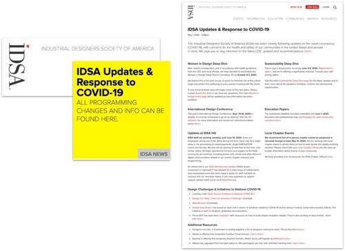 Figure 7. IDSA created a one-page webpage to gather COVID-19-relevant information to make it easy for their design community members to access the material and also stay connected (source: IDSA).