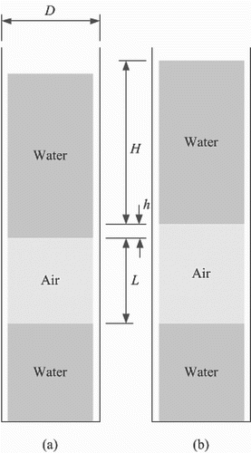 Figure 2. Schematic of the idealized Taylor Bubble in (a) its equilibrium state and (b) with the bubble length perturbed by the small amount h.