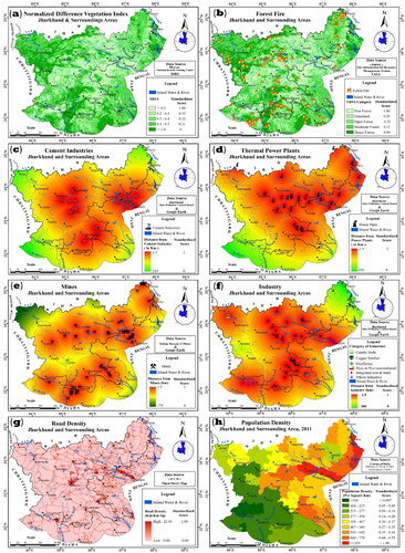 Figure 14. ‘Most important parameters for the identification of sources of aerosols: (a) spatial distribution of average NDVI; (b) forest fire (constant occurrence from 2011-2017); (c) cement industries; (d) thermal power plants; (e) mines; (f) highly polluting industries; (g) road density; and (h) population density over Jharkhand state and surrounding areas (Census of India Citation2011)’ (Bandyopadhyay et al. Citation2021).