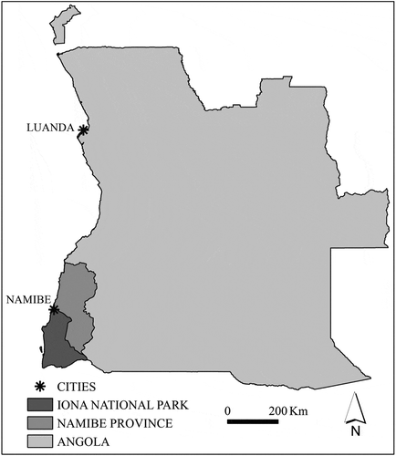 Figure 1. Iona National Park is located in Namibe province, southwest Angola. The Park is bordered by the Atlantic Ocean and lies between the Curoca River and the Cunene River