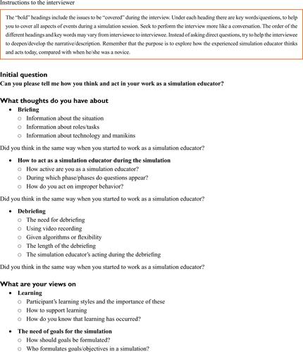 Figure S1 Interview guide concerning experienced simulation educators’ changes in teaching skills, practices and understanding of learning