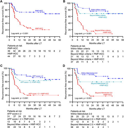 Figure 2 Association between polyploidy spectrum and posttransplant recurrence risk. (A) Recurrence-free survival curves of recipients with HMP–HCC and PMP–HCC. PMP–HCC was associated with significantly better recurrence-free survival than those with HMP–HCC. Recurrence-free survival stratified according to the ploidy distribution and with the combination of the Milan criteria (B), the AFP model (C), and the Metroticket 2.0 criteria (D). Transplant recipients exceeding these selection criteria but with PMP–HCC displayed comparable prognosis as compared to those fulfilling these criteria, while significantly better recurrence-free survival than those beyond these selection criteria but had HMP-HCC.