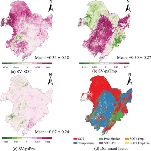 Figure 5. Sensitivities of SOS to SOT and climatic. (a) the sensitivities of SOT. (b) the sensitivities of psTmp. (c) the sensitivities of psPre. (d) Distribution of dominant factors of SOS changes.