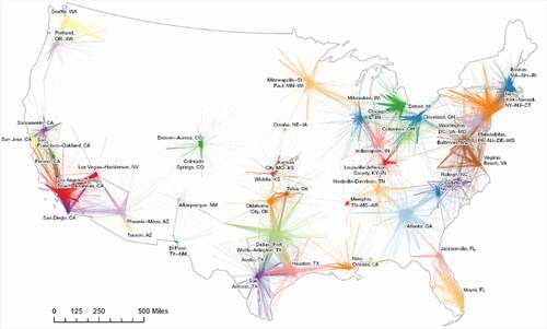 Figure 7. Twitter users’ travels from predicted homes to other activity zones among the U.S. top 50 populated cities (> 500 km travels excluded).