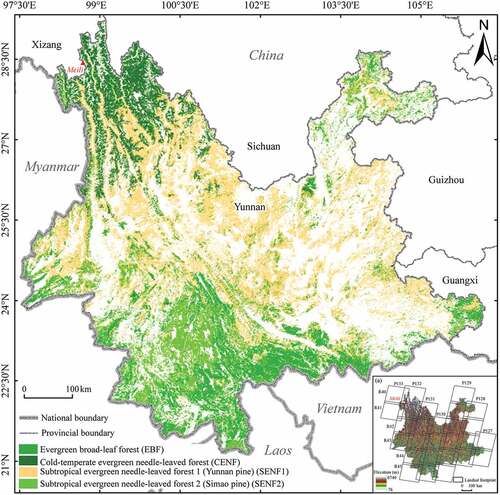 Figure 1. Spatial distribution of four forest types in Yunnan Province. The topography and footprints of the 27 Landsat scenes covering the study area are also presented in the inset (a). The shapefile data of the national and provincial regions were provided by the Standard Map Service System of the Ministry of Natural Resources of the People’s Republic of China website (http://bzdt.ch.mnr.gov.cn/), and the forest distribution data were procured from the 1990 vegetation vector database of Yunnan Province.