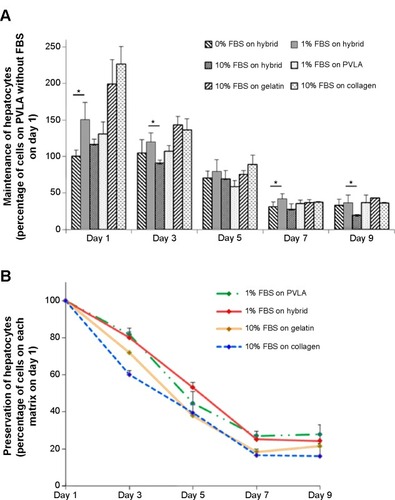 Figure 4 The maintenance of primary hepatocytes on the hybrid matrix after 1, 3, 5, 7, and 9 days.Notes: The relative ratios of attached cells in various systems were determined by using the number of cells on PVLA without FBS as the 100% value. The number of primary hepatocytes on the hybrid matrix was higher in the medium with 1% FBS at every time point than the cells on the same surface without or with 10% FBS. The hepatocytes were viable on PVLA (1% FBS), gelatin (10% FBS), and collagen (10% FBS), which was used as a control (A). The relative preservation of hepatocytes was determined by normalizing the cell numbers to the value after 1 day on each matrix (B). The hybrid matrix was made up of EFC and PVLA. The symbol * denotes statistical significance at P<0.05.Abbreviations: FBS, fetal bovine serum; PVLA, poly-(N-p-vinylbenzyl-4-O-β-D-galactopyranosyl-D-gluconamide); EFC, E-cadherin-Fc.