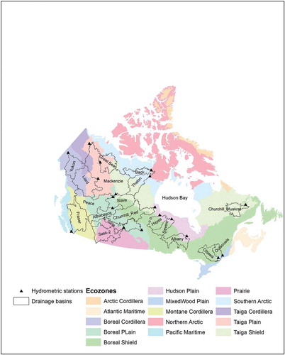 Figure 1. Spatial distribution of the 19 large drainage basins, hydrometric stations, and 15 ecozones in Canada