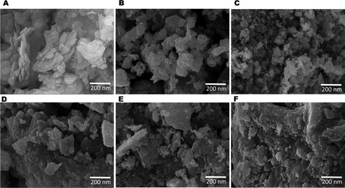 Figure 2. Scanning electron micrograph (SEM) of (A) kaolinite, (B) Zn(CH3CO2)2/kaolinite (ZnK), (C) Na2WO4/Kaolinite (WK), (D) Zn(CH3CO2)2/Na2WO4-Kaolinite calcined at 300°C (ZnWK-3), (E) Zn(CH3CO2)2/Na2WO4/Kaolinite calcined at 500°C (ZnWK-5) and (F) Zn(CH3CO2)2/Na2WO4/Kaolinite calcined at 700°C (ZnWK-7).