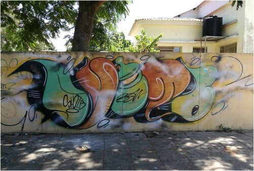 Figure 12. Throw-up by street artist Bruno Mateus (AKA Shot-B), near Parque dos Continuadores, Maputo, Mozambique. Source: Author’s own photograph (5 March 2020).