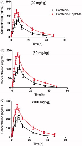 Figure 1. The pharmacokinetic profiles of sorafenib in rats after oral administration of different dose of sorafenib (20, 50 and 100 mg/kg) with or without treatment of triptolide (10 mg/kg). (A) Dose of sorafenib at 20 mg/kg; (B) dose of sorafenib at 50 mg/kg; (C) dose of sorafenib at 100 mg/kg.