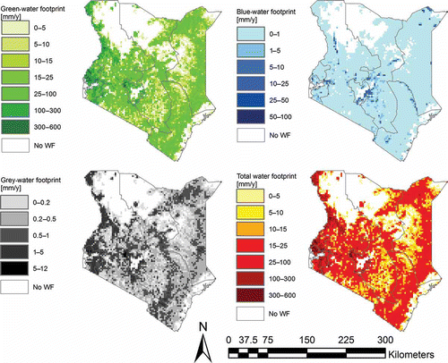 Figure 3. Green, blue, grey and total water footprint of crop production in Kenya, 1996–2005.