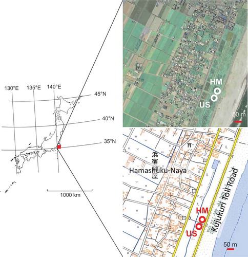Figure 1. Study sites in the present study. Terrain maps and aerial photographs were obtained from the GSI website (Geospatial Information Authority of Japan Citation2017).