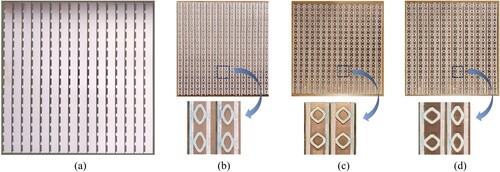 Figure 9. Fabricated EMA in different modes: (a) FR4 plate with holes. The EMA in (b) Mode I, (c) Mode II, and (d) Mode III.