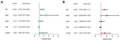 Figure 4 Cox regression analysis results. Univariate (A) and multivariate (B) overall survival analyses of OC patients revealed that CSMD3 mutation was significantly associated with survival status even after adjusting for age, stage, grade, and TMB.