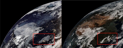 Figure 10. Medium–low clouds in (left) FY-4B/AGRI true colour image and (right) simulated low clouds on 20220905 at 22:00 UTC.