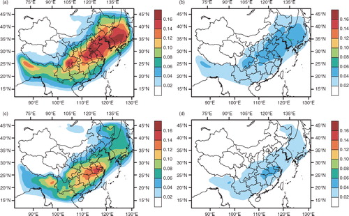 Fig. 9 Aerosol optical depth of ASOA and BSOA averaged over July 2006 for experiment (a) ABP, (b) AUL, (c) BBP, and (d) BUL.