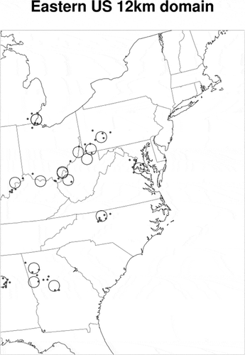 Figure 2.  Locations of AQS stations within a 9 by 9 (108 km by 108 km) grid cell region around each PinG source.