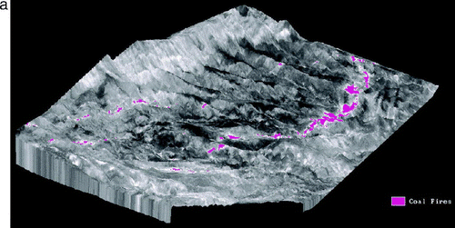 Figure 4a.  3D model of coalfires in the Kelazha anticline in Xinjiang, N.W. China, with a thermal infrared image draped over a DEM of the area.