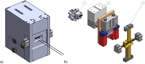 Figure 10. Final CAD model of the double stripping machine (a), and exploded view of the three main subassemblies of the stripping machine (b).