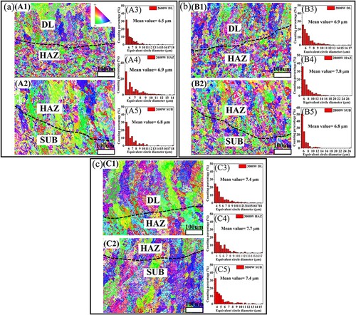 Figure 7. IPF and grain distribution maps of the DL, HAZ and SUB at 500 min/min with (a) 2600 W, (b) 2800 W and (c) 3000 W. IPF of the DL/HAZ interface at (A1) 2600 W, (B1) 2800 W and (C1) 3000 W; IPF results for the HAZ/SUB interface at (A2) 2600 W, (B2) 2800 W and (C2) 3000 W. (A3), (B3) and (C3) are grain distribution maps of the DL; (A4), (B4) and (C4) are grain distribution maps of the HAZ; and (A5), (B5) and (C5) are grain distribution maps of the SUB.
