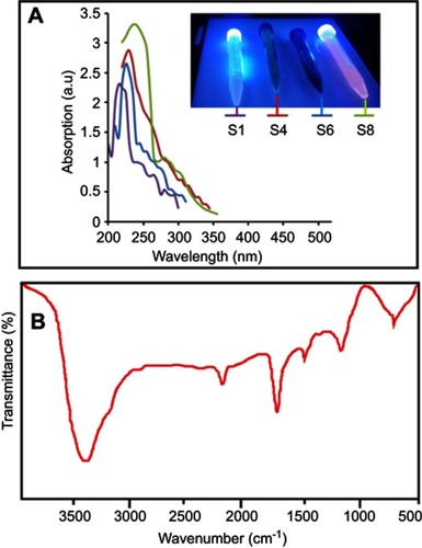 Figure 4 The ultraviolet-visible spectrum of S1, S4, S6, and S8 (A) and the Fourier transform infrared spectrum of the iron oxide quantum dots S1 (B).