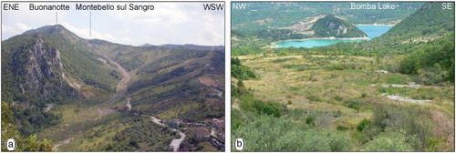 Figure 1. Panoramic view of the Buonanotte village hogback ridge and of the Montebello sul Sangro landslide. (a) Upper part and landslide scarp; in the background, the Montebello ridge; (b) lower part and landslide body; in the background, the Bomba Lake.
