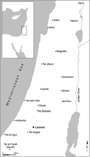 Figure 1. Map showing the location of Lachish with other major Middle Bronze Age sites in the southern Levant.