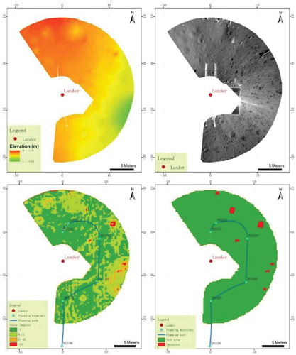 Figure 8. DEM (Upper-left), DOM (Upper-right), slope map (Lower-left), and obstacle map (Lower-right) derived from CE-3 Navcam images at the lander location (Liu, Di, and Peng Citation2015).