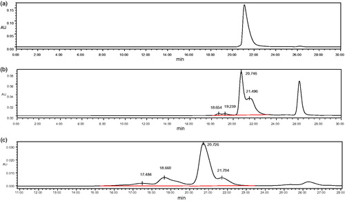 Figure 6. HPLC of the products. (a) purified Hb, (b) DCLHb, and (c) polyDCLHb mobile phase 1 mol/L MgCl2.