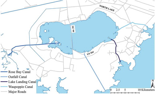 Figure 5. Map showing the roads and four drainage canals in the area surrounding Lake Mattamuskeet.