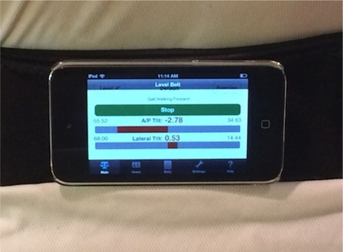 Figure 2 Placement and screen display of iPod Touch Level Belt measuring lum bopelvic tilt during a 40 m walk.
