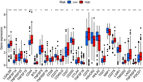 Figure 9 The powerful role of survival-predicting signature in immunotherapy. Differential expression of immune checkpoint genes in the high- and low-risk groups of the TCGA training group (Wilcox test, *P < 0.05; **P < 0.01; ***P < 0.001), The blue box on the left represents the low-risk group, and the red box on the right represents the high-risk group.