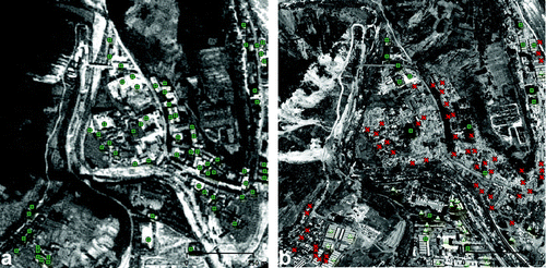 Figure 9.  Pre-disaster SPOT-5 (a) and post-disaster WorldView-1 (b) imagery over Yingxiu. The green circles on both image chips represent detected intact buildings; those that were destroyed during the earthquake are marked with a red×on the post-disaster image. Intact buildings, identified on the post-disaster WorldView-1 data, but not present on the SPOT image, acquired in 2005, are depicted as light green triangles. The image is centred on 31°04′N, 103°29′E.