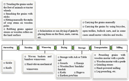 Figure 5. An overview of India’s grain supply chain’s most common traditional methods and practices.