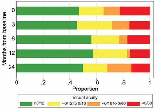 Figure 3. Proportion of eyes with visual impairment at milestone visits (n = 49, 46, 48, 47 and 44 at months 0, 3, 6, 12 and 24, respectively).