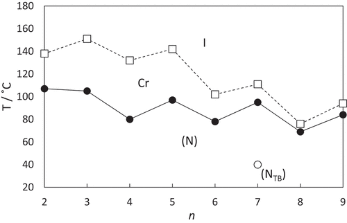 Figure 7. The dependence of the transition temperatures on the number of carbon atoms in each alkyl segment, n, for the CBnSSnCB series. The melting points are connected by the broken line and the values of TNI by the solid line. The open circle denotes the NTBN transition seen for CB7SS7CB.