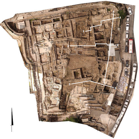 Fig. 4: Aerial view of the GivꜤati Parking Lot excavations, with the location of the four cross-sections indicated (courtesy of the GivꜤati Parking Lot Expedition and the City of David Archive)