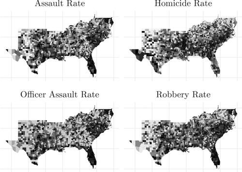 Figure 3. Choropleth plots of the observed endogenous variables. Darker shaded counties indicate higher values and lighter shaded counties have lower values relative to the mean of the sample.