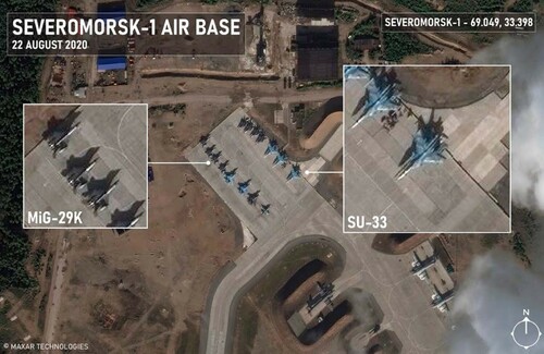 Figure 15B: Aircraft of the 100th Regiment, 279th Regiment and 98th Air Regiment at Severomrosk-1 on 22 August 2020Source: Maxar Technologies and authors'