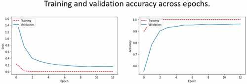 Figure 5. Validation loss and accuracy across epochs during the training process of Inception V3 network with tuned hyperparameters.