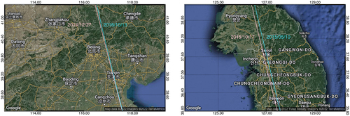Figure 6. Selected OCO-2 overpasses and dates over Beijing (left) and Seoul (right). The underlying maps were created using the Google Maps.