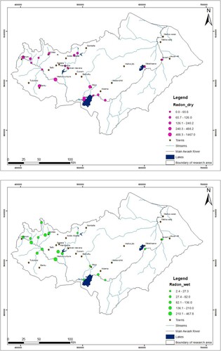 Figure 6. 222Rn concentration map showing 222Rn distribution for in-situ measurements conducted during (a) the dry and (b) the seasons.