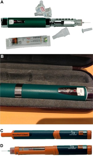 Figure 3 Examples of human pediatric reusable insulin dosing pens that can be loaded with 3 mL insulin cartridges and deliver doses in 0.5 U increments.