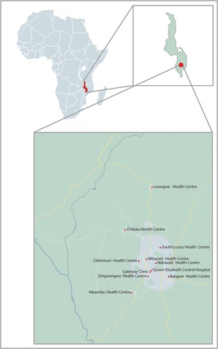 Figure 2. Top left: African continent and Malawi marked in red. Top right: Malawi, Blantyre is marked as a dot. Bottom: Blantyre District, and Blantyre City marked with red dotted lines. The ten health centres we visited marked with a dot. QECH is marked with a cross.