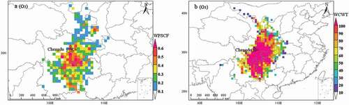 Figure 9. Spatial distribution of WPSCF and WCWT values of O3 of Ozone pollution period in Chengdu 2017.